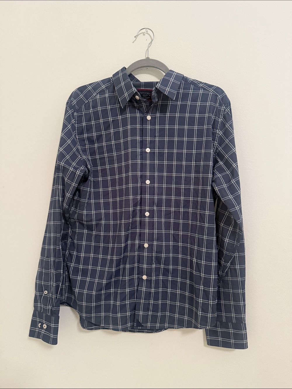 UnTUCKit Men's Navy Windowpane Button-Down Shirt Size Medium Slim Fit